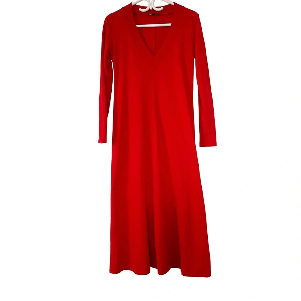 Zara Red Ribbed Knit Midi Dress Small Long Sleeve V-Neck Bodycon Minimalist - Picture 2 of 10